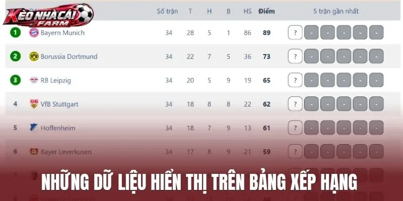 Những dữ liệu hiển thị trên bảng xếp hạng