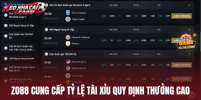 Zo88 cung cấp tỷ lệ tài xỉu quy định thưởng cao